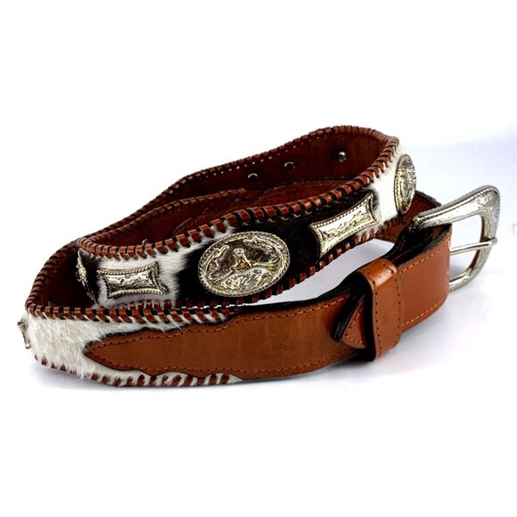 Leather Belt Cowhide Concho Mexico Men’s Size 38-44 Brown Western Cowboy - Picture 2 of 5